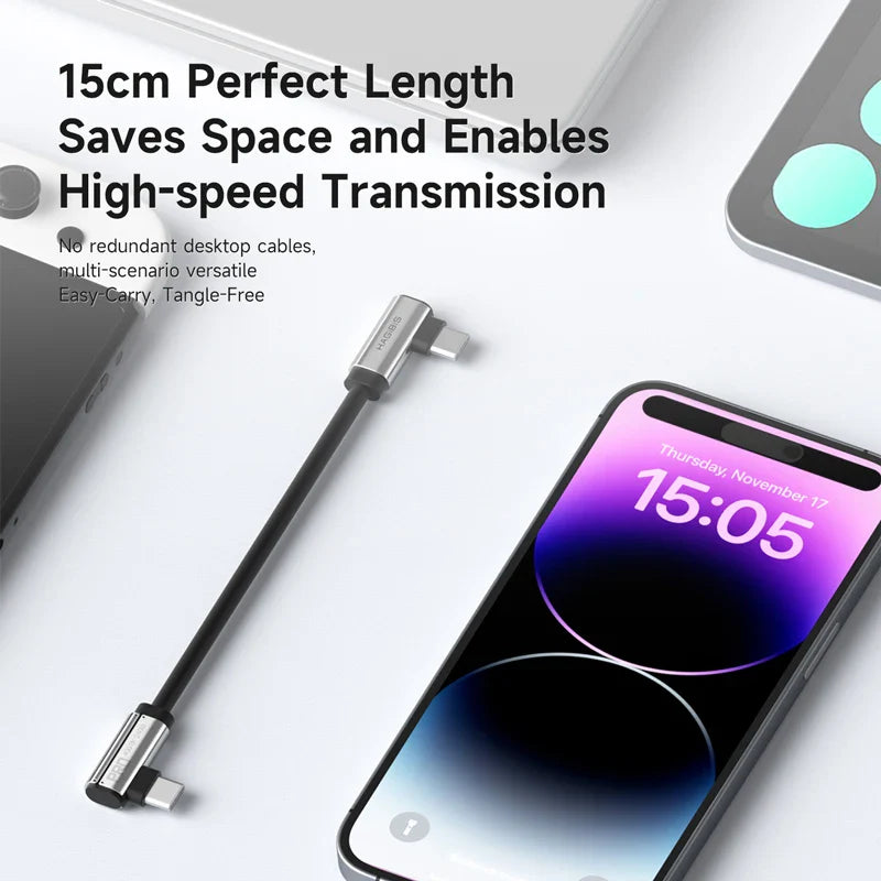 Smartphone with a cable on a white background, highlighting the cable's length and features.