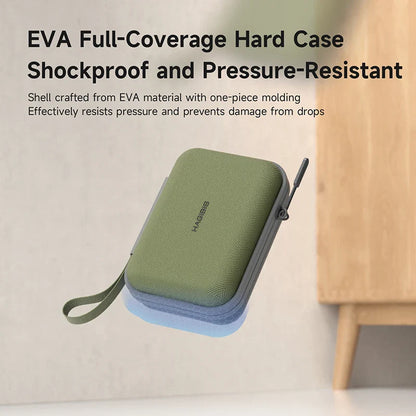 Green EVA hard case with text highlighting its features on a neutral background