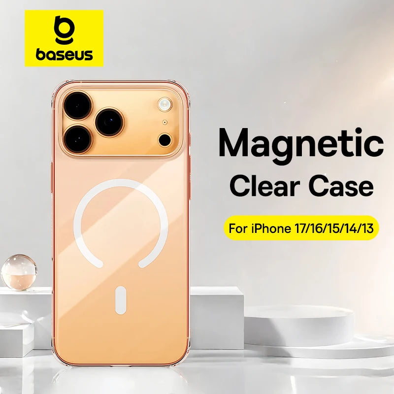 Phone case with 'Baseus' branding and text about magnetic clear case for iPhones.