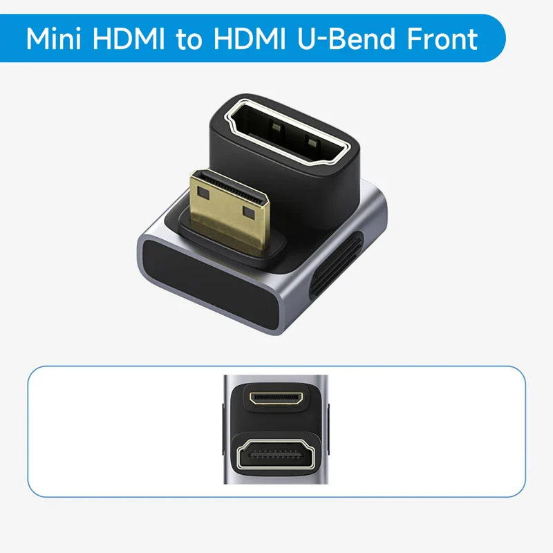 Mini HDMI to HDMI U-Bend Front adapter on a white background