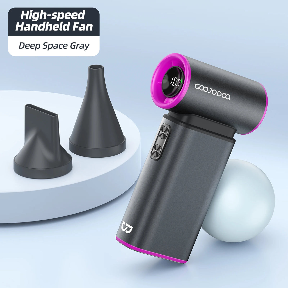 High-speed handheld fan with attachments on a light blue background