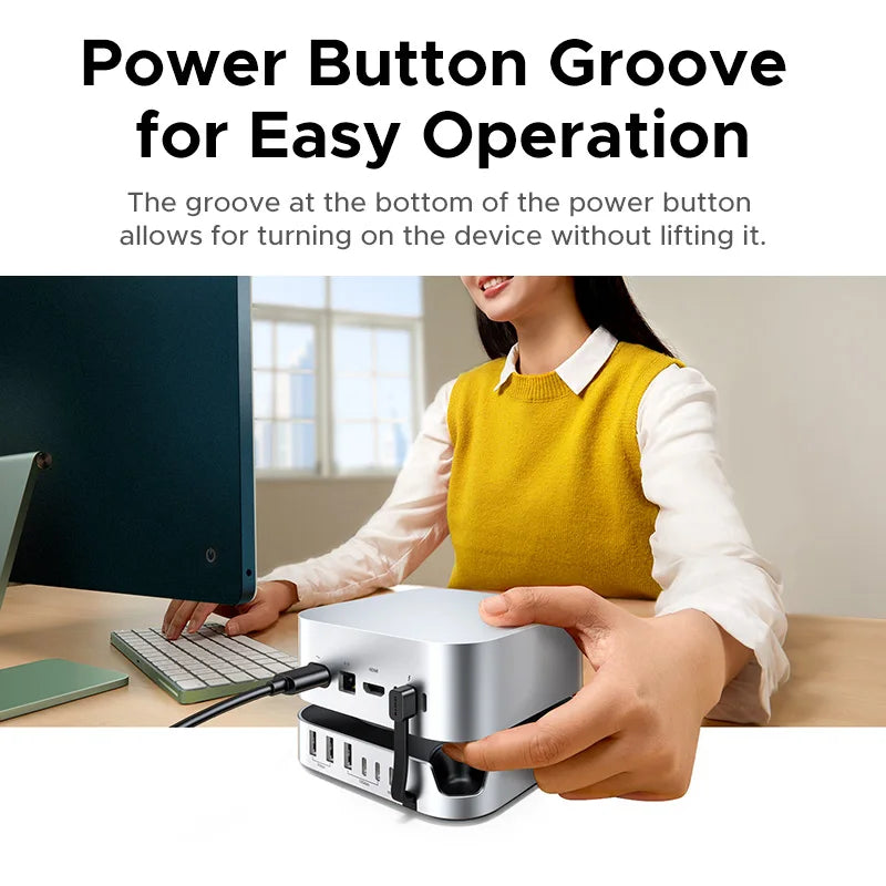 Person holding a device with a power button groove, indicating ease of use.