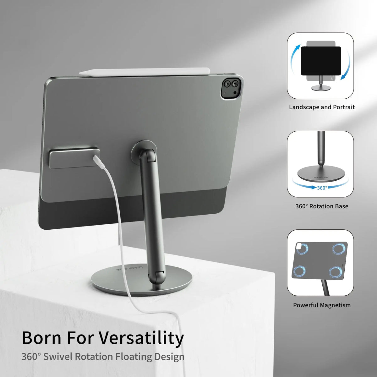 Tablet stand with 360-degree swivel rotation on a gray background