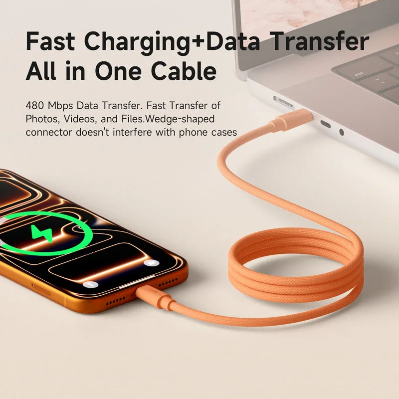 Cable connecting a phone to a laptop with text about fast charging and data transfer.