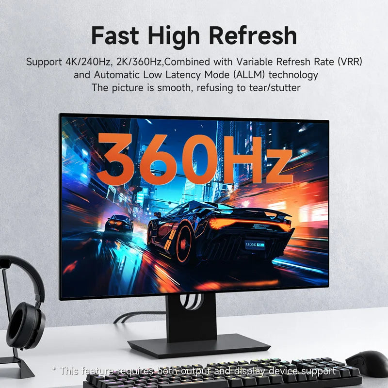 Monitor with 360Hz refresh rate display, racing car graphic, and text about fast high refresh technology.