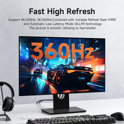 Monitor with 360Hz refresh rate display, racing car graphic, and text about fast high refresh technology.
