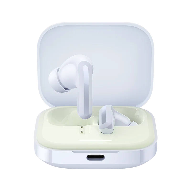 Wireless earbuds in a charging case on a white background
