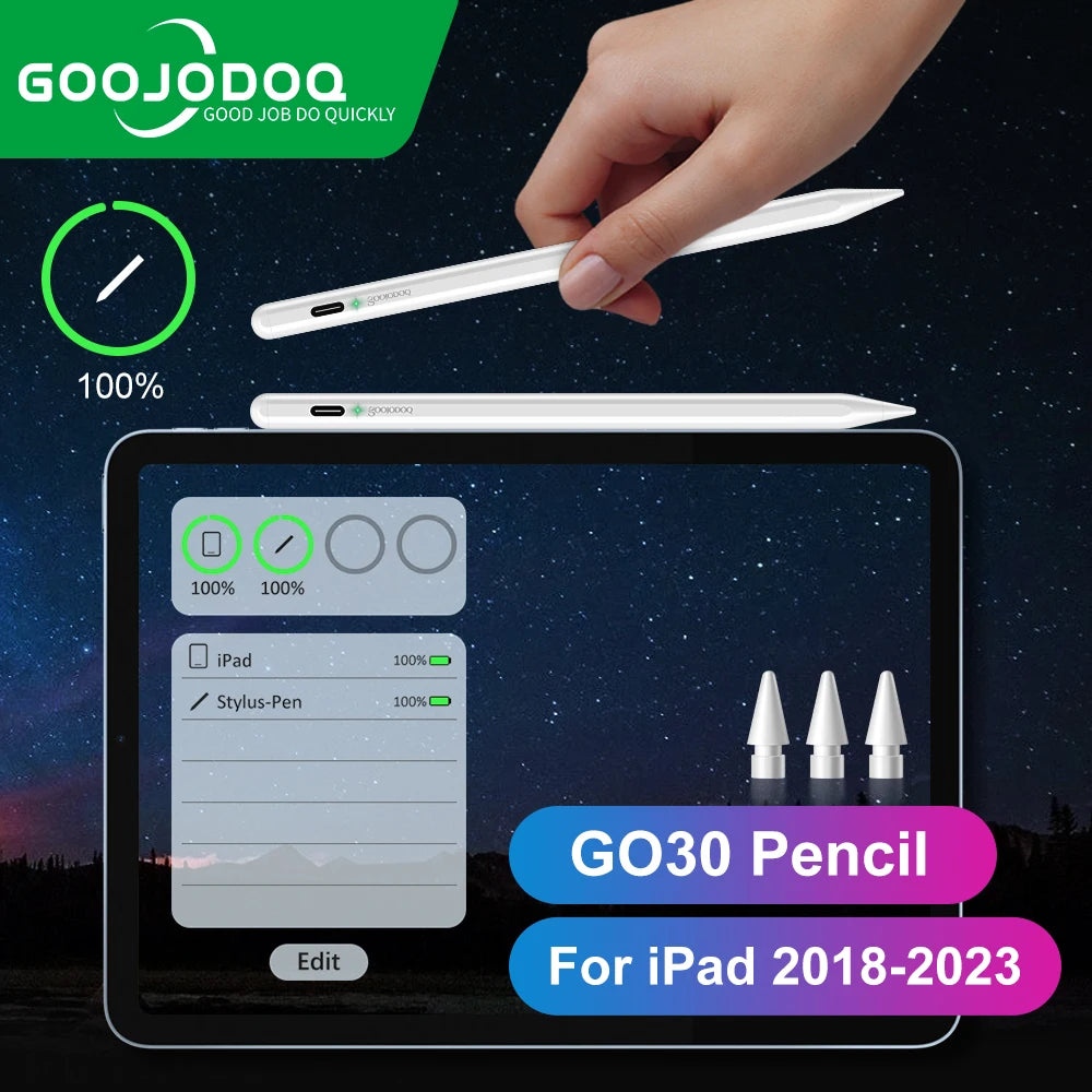 A promotional image featuring a digital stylus, labeled as GO30 Pencil, compatible with iPads from 2018 to 2023. The stylus is shown in two scenarios: one with a connected Bluetooth pairing screen on the iPad and another demonstrating the palm rejection technology.