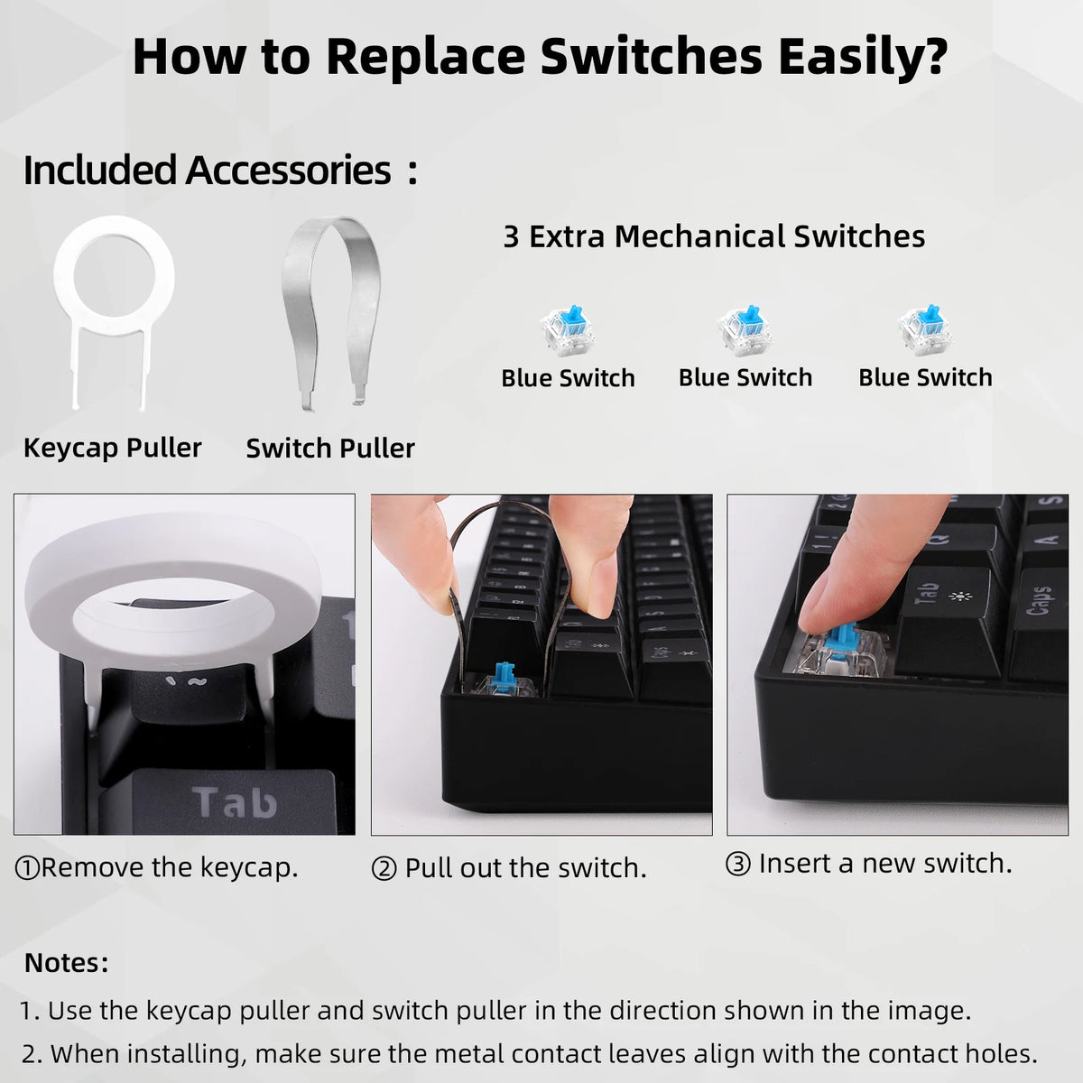 Instructions on how to replace switches on a keyboard with included accessories.