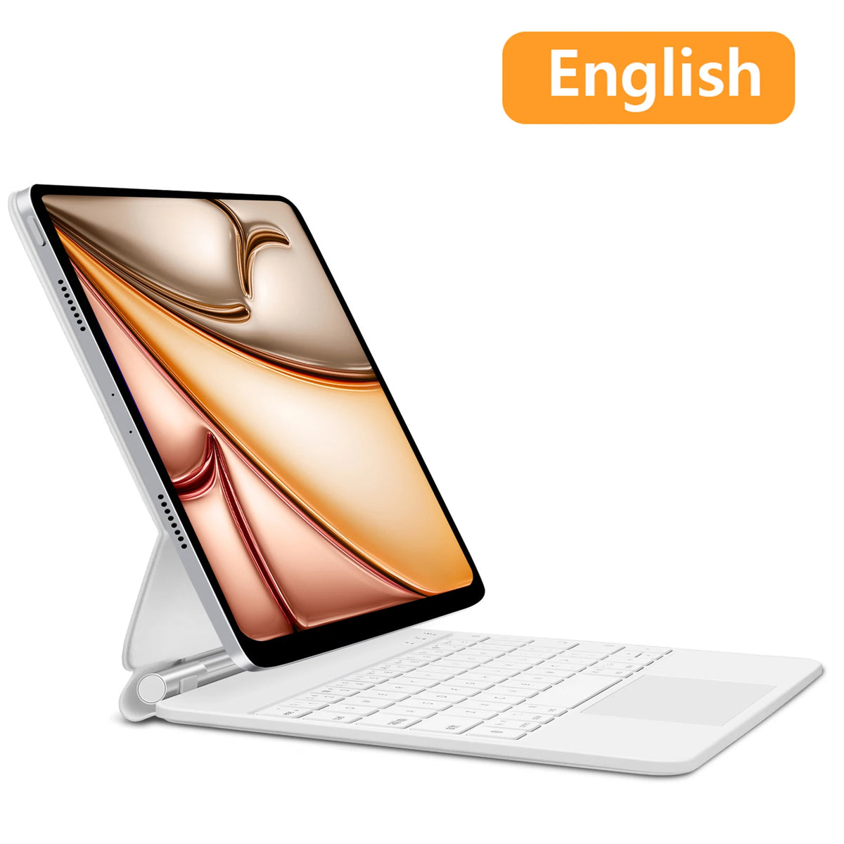 The image shows a wireless floating keyboard for iPads with a LED screen display and multiple language options highlighted. The keyboard appears to attach magnetically to an iPad and has a cantilever design for adjustable viewing angles.