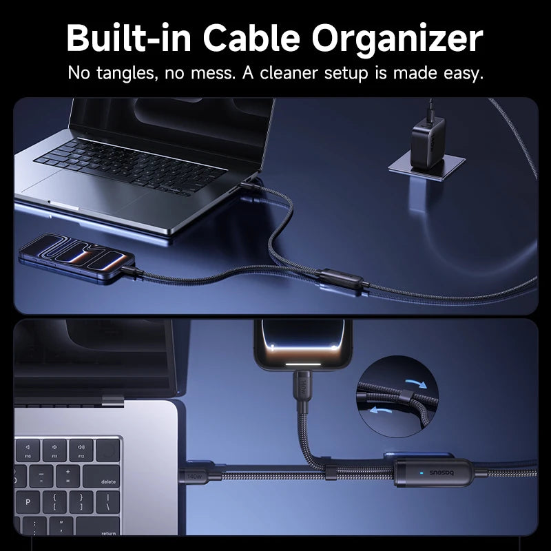 Laptop with a built-in cable organizer on a desk, showing cable management.