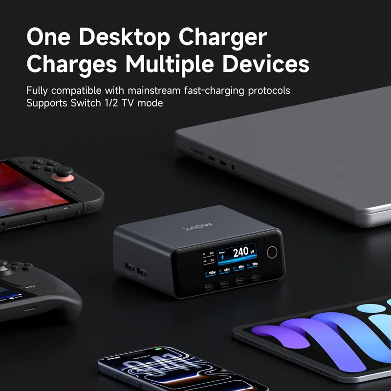 Desktop charger with multiple devices on a dark surface