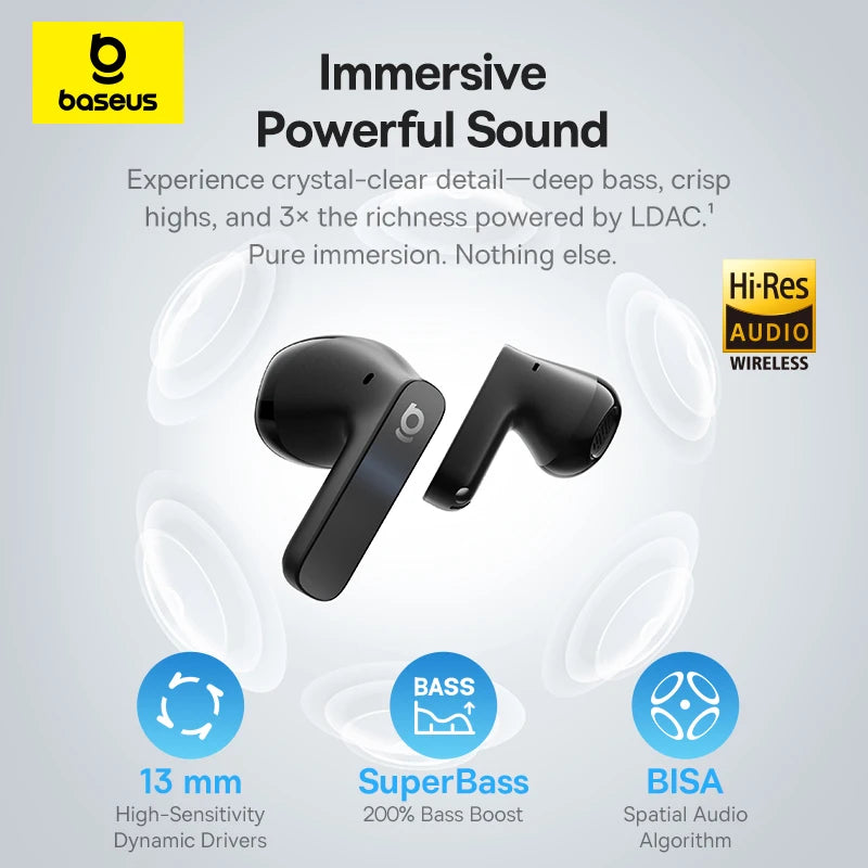 Baseus wireless earbuds with features highlighted on a gray background