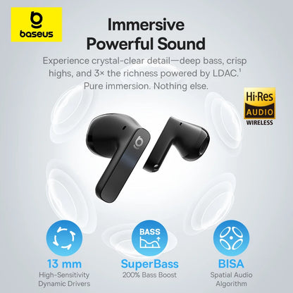 Baseus wireless earbuds with features highlighted on a gray background