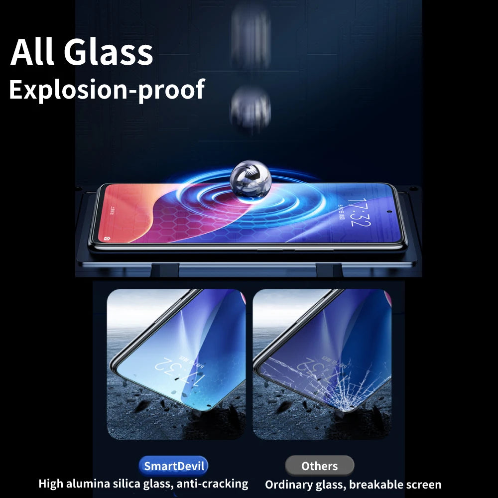 SmartDevil phone case with glass explosion-proof feature and comparison to ordinary glass.