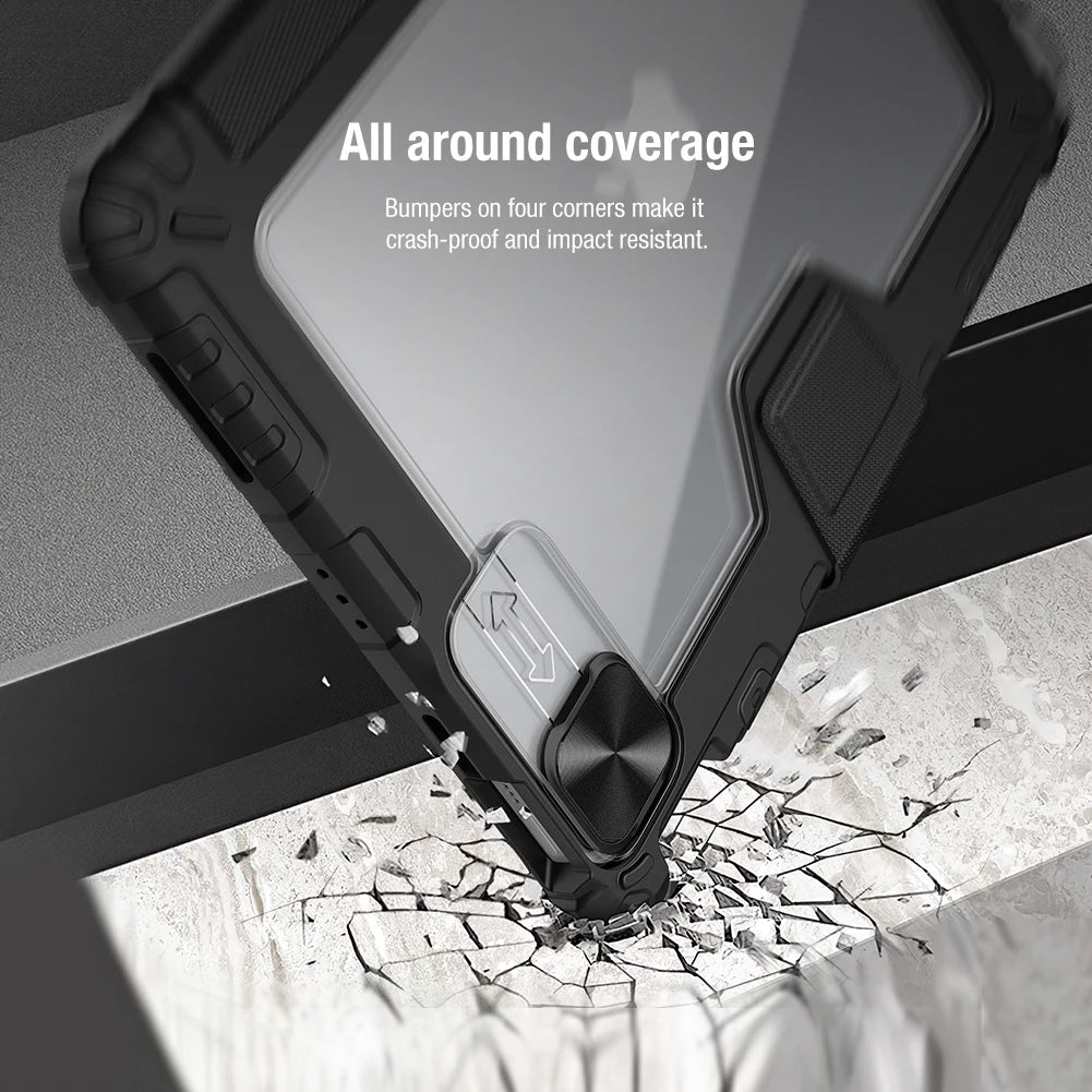 Phone case with bumper design shown protecting a phone from a fall onto concrete.