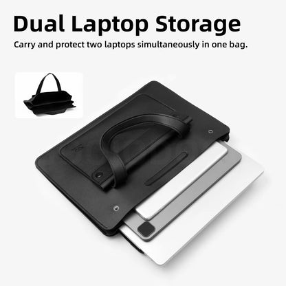 Black dual laptop storage bag with two laptops inside on a white background