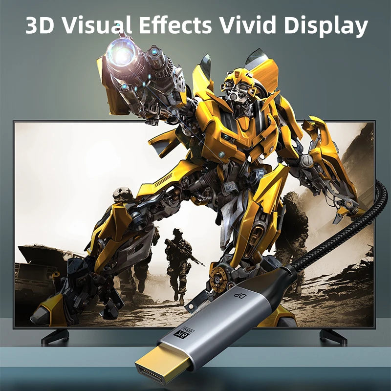 Transforming robot on a screen with an HDMI cable in front, labeled '3D Visual Effects Vivid Display'.