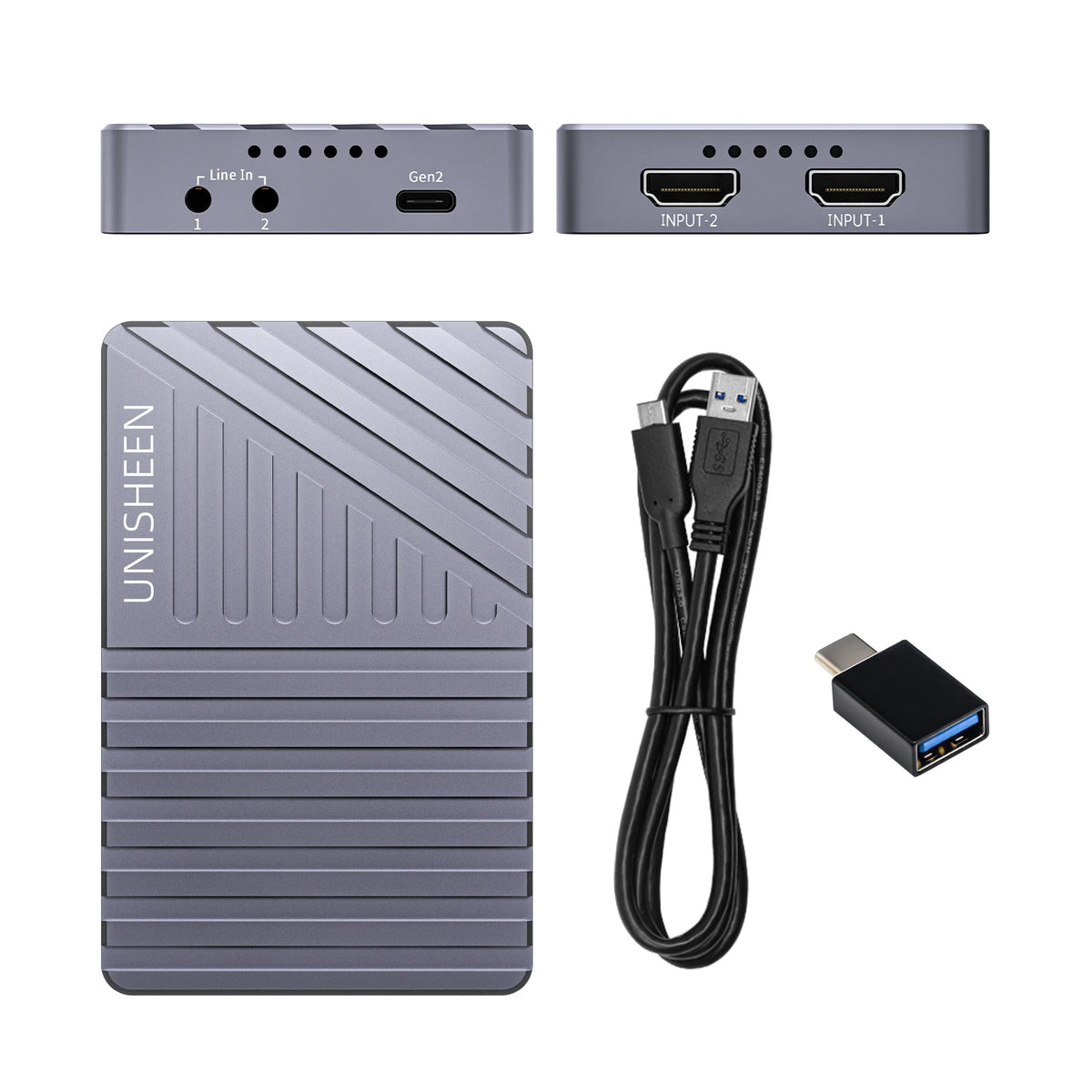 UNISHEEN electronic device with cables and adapter on a white background