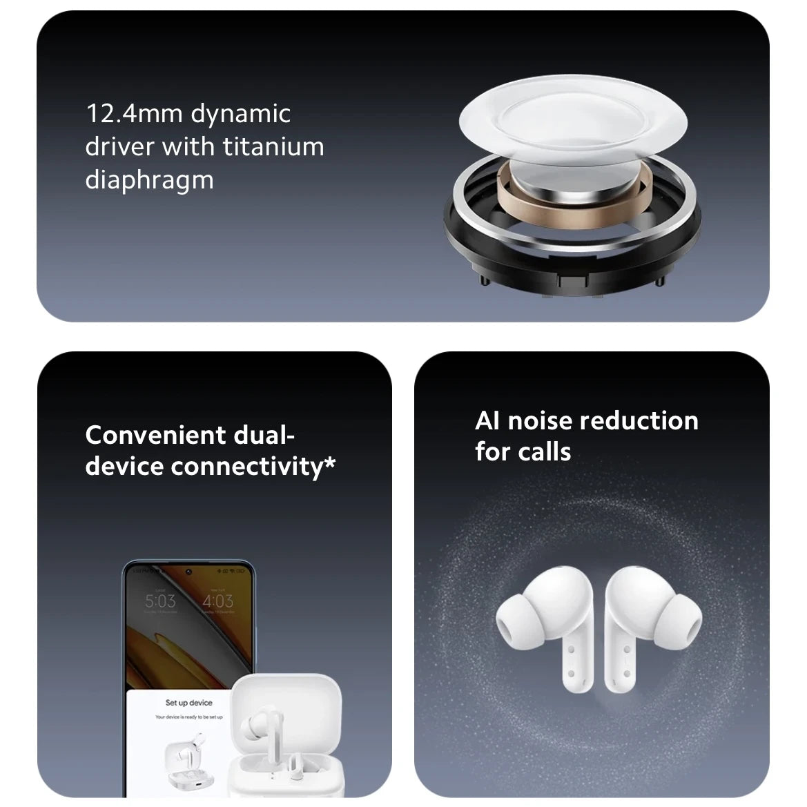 Speaker driver with titanium diaphragm, dual-device connectivity setup, and wireless earbuds with AI noise reduction on a dark gradient background.