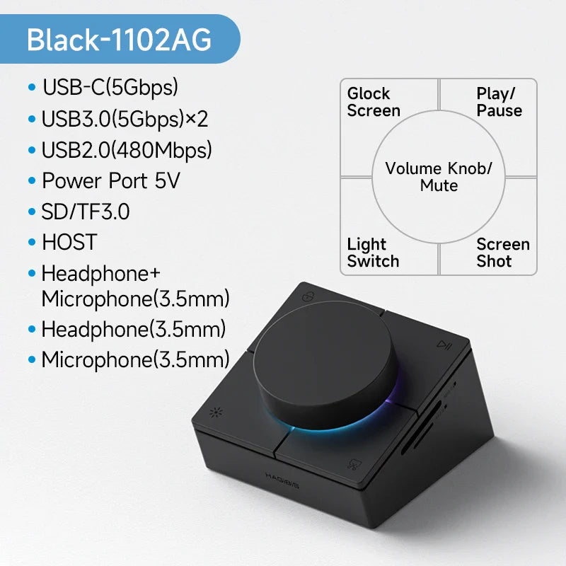 Black electronic device with volume knob and ports, labeled 'Black-1102AG'.