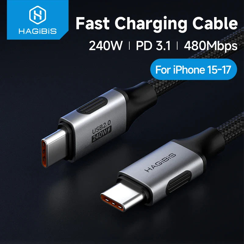 Fast charging cable with Hagibis branding on a dark background