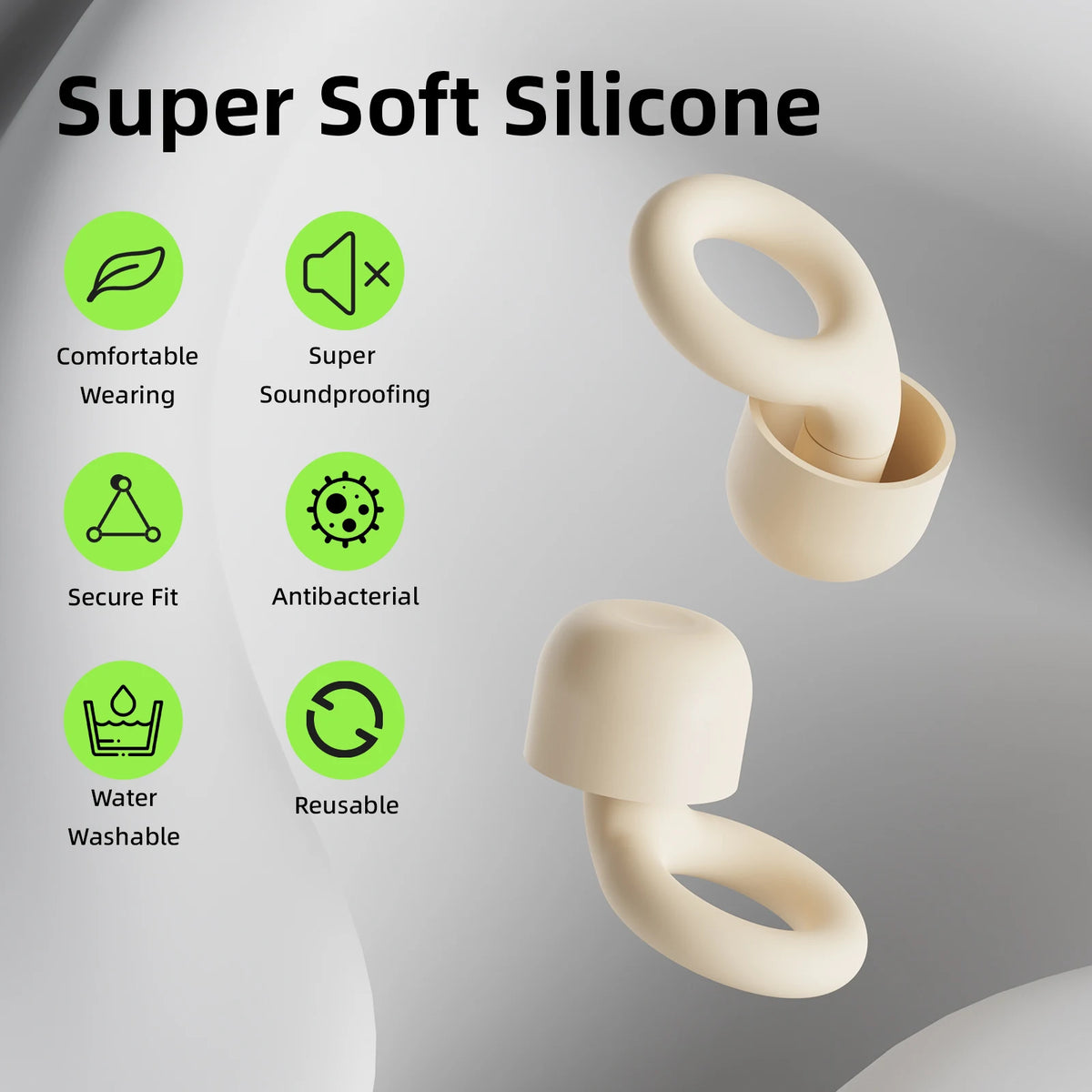 Super soft silicone product with green icons and text on a gray background