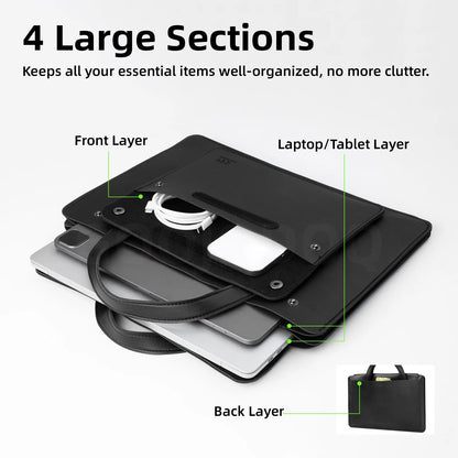 Black organizer with labeled sections for front, laptop/tablet, and back layers on a white background.
