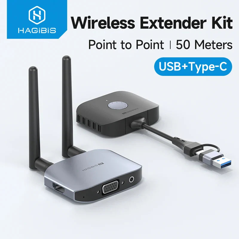 A wireless HD kit by Hagibis, consisting of a transmitter and a receiver. The transmitter has a USB and a Type-C connector, and the receiver is a small black box with a antenna.