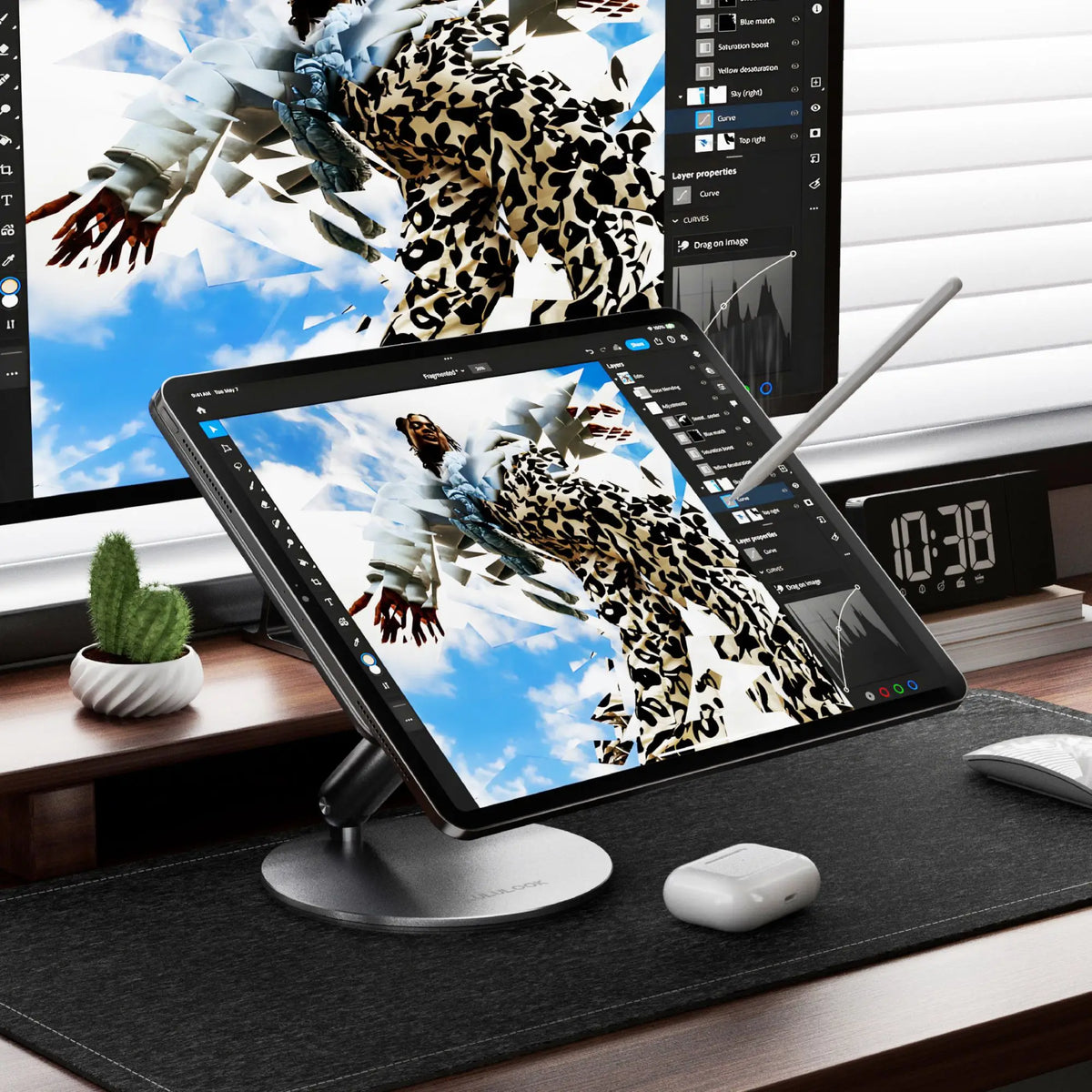 Tablet with stylus on a desk next to a computer monitor displaying a leopard image