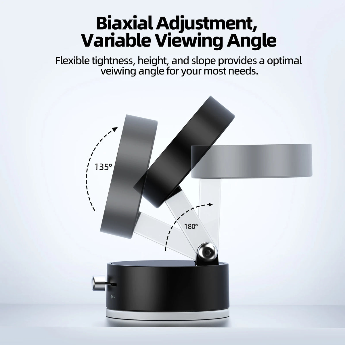 Flexible lighting device with biaxial adjustment and variable viewing angle on a white background