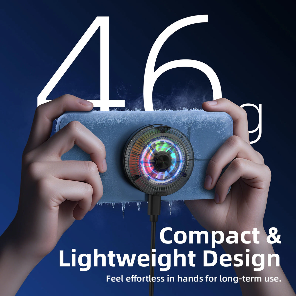 Hands holding a compact device with a colorful circular component against a dark blue background, featuring text about weight and design.