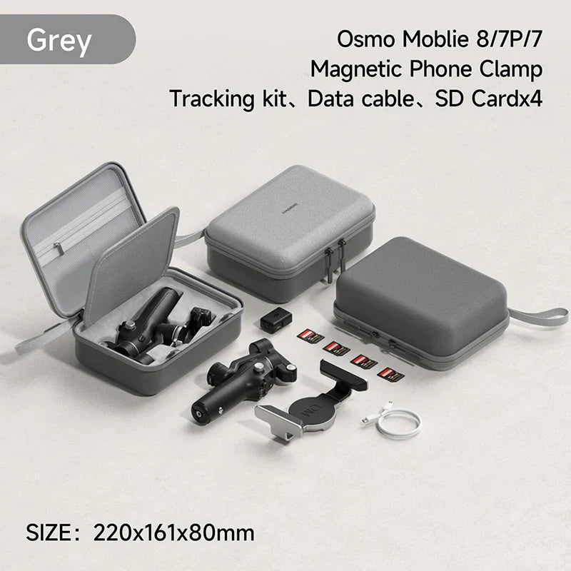 Osmo Mobile 8/7P/7 magnetic phone clamp tracking kit with accessories on a light gray background.