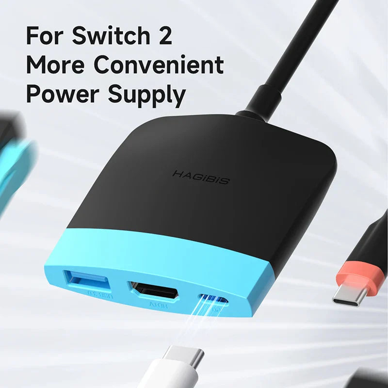 Black and blue power supply adapter with USB ports on a white background