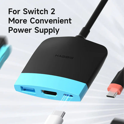 Black and blue power supply adapter with USB ports on a white background