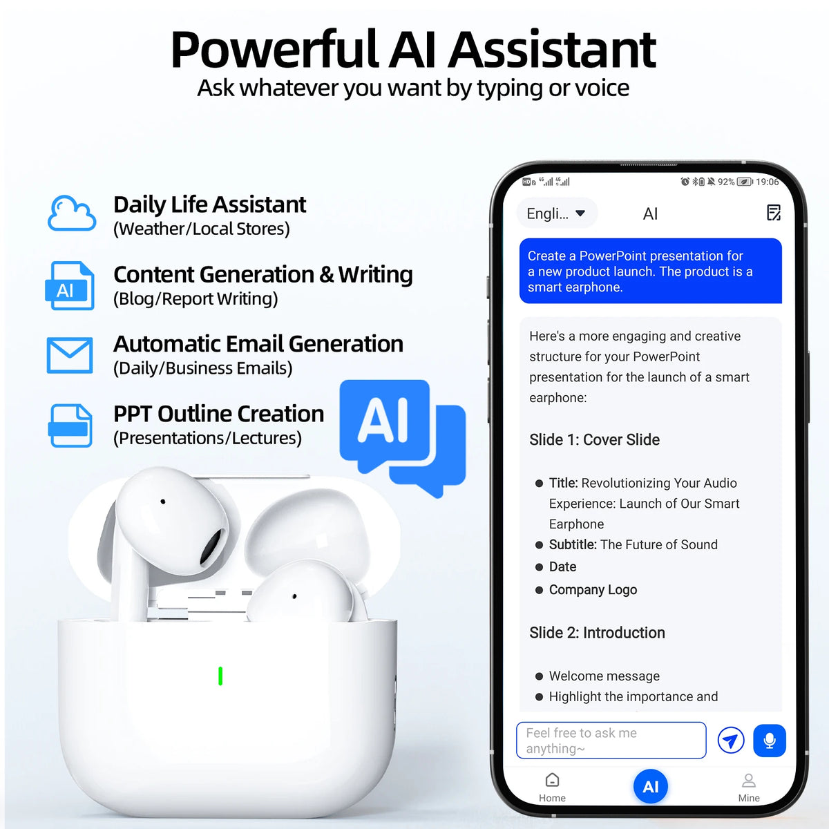 White wireless earbuds with a smartphone displaying an AI assistant app on a light gray background