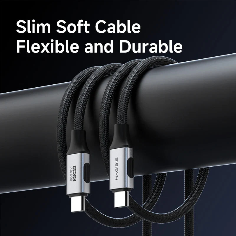 Slim soft cable with metallic connectors on a dark background