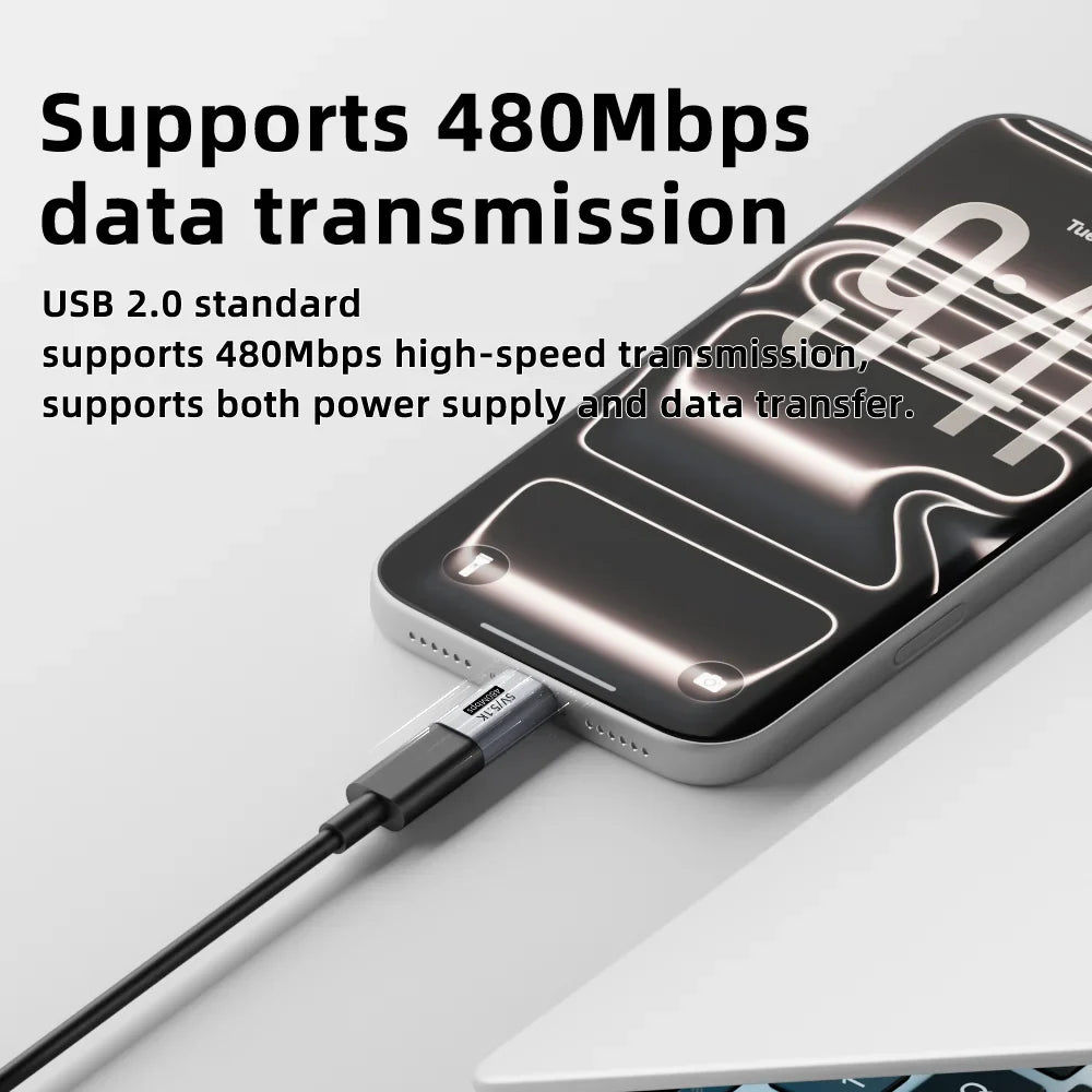 Phone case with USB cable, highlighting 480Mbps data transmission capabilities.