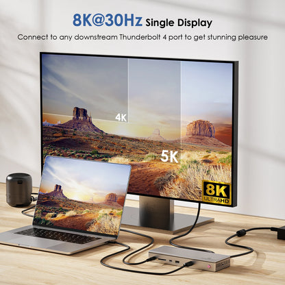 Monitor displaying a scenic landscape with laptop and hub on a wooden surface, featuring 8K@30Hz text.