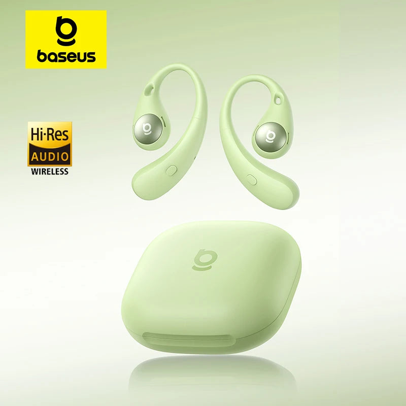 Green wireless earbuds with charging case on a light green background, featuring Baseus logo.