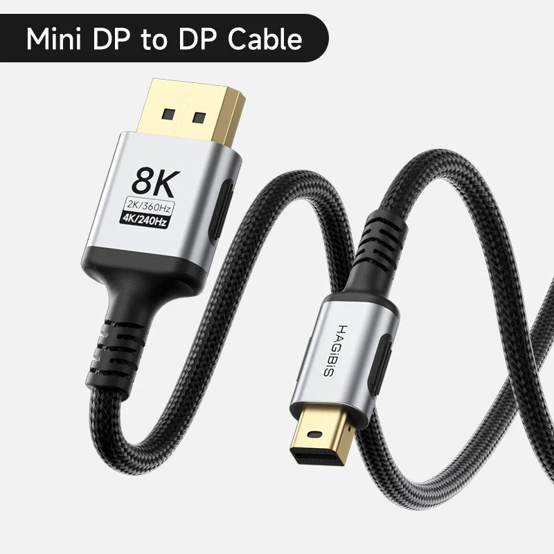 Mini DP to DP cable with 'HAGIBIS' branding on a white background