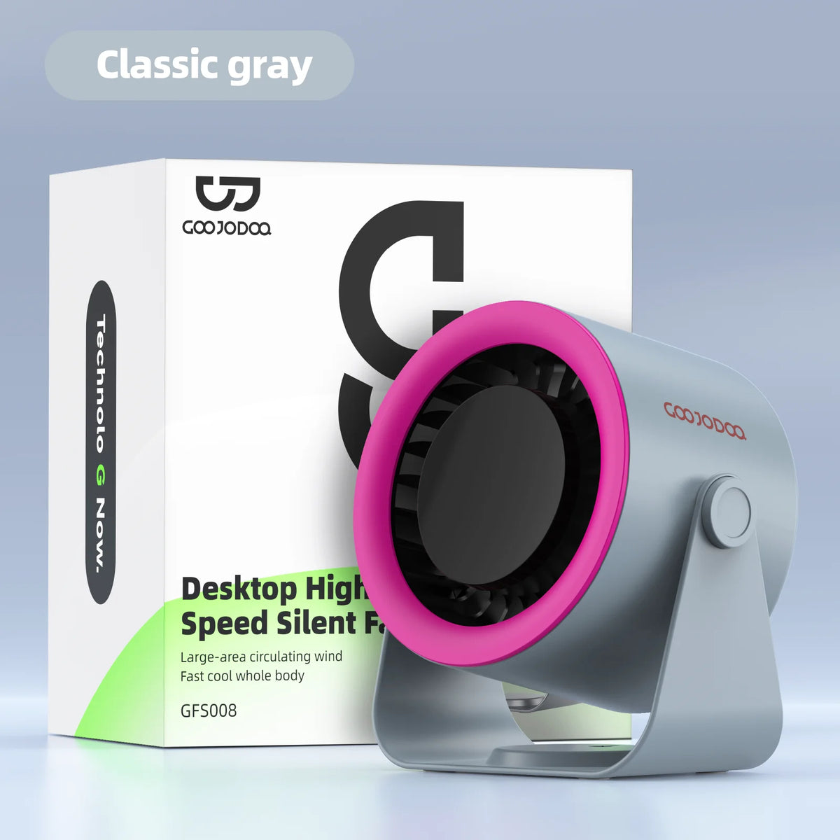 Desktop high-speed silent fan with COOJODQA branding and packaging on a light gray background