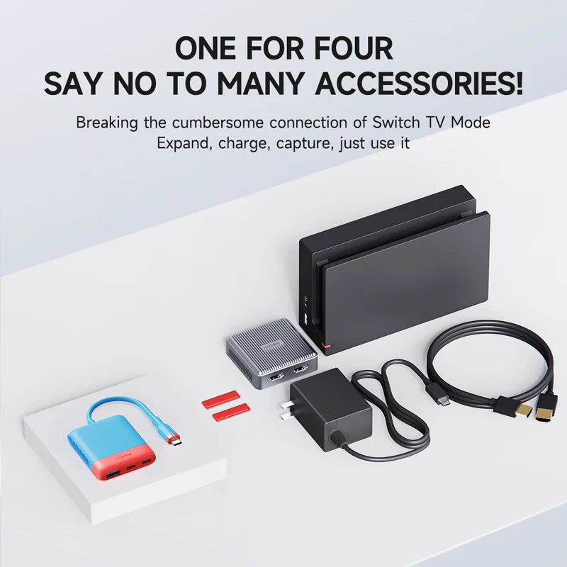 Gaming console with accessories on a white background, featuring text about simplifying connections.