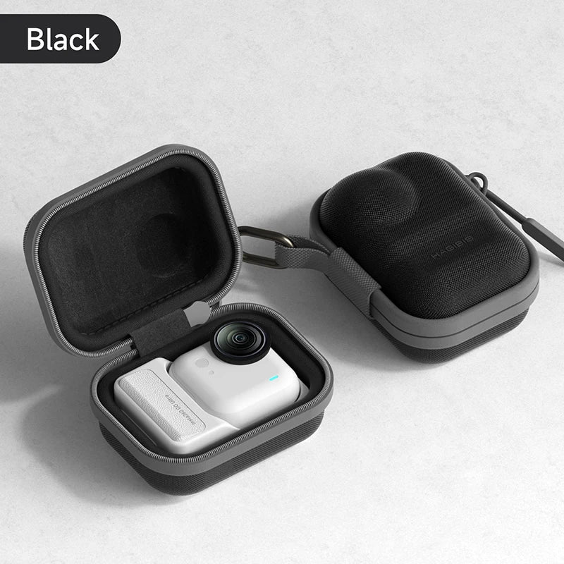 Black carrying case with a white device inside on a light gray background