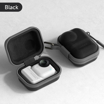 Black carrying case with a white device inside on a light gray background