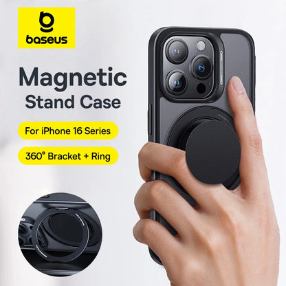 Baseus magnetic stand case for iPhone 16 Series with a hand holding the phone.
