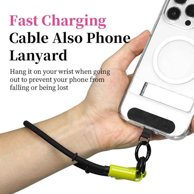 Hand holding a phone with a lanyard and fast charging cable, on a white background.
