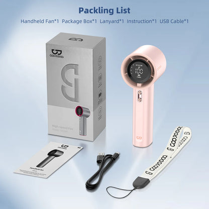 A collection of high-speed portable handheld fans in various colors displayed in an array, showcasing the design and color variety.
