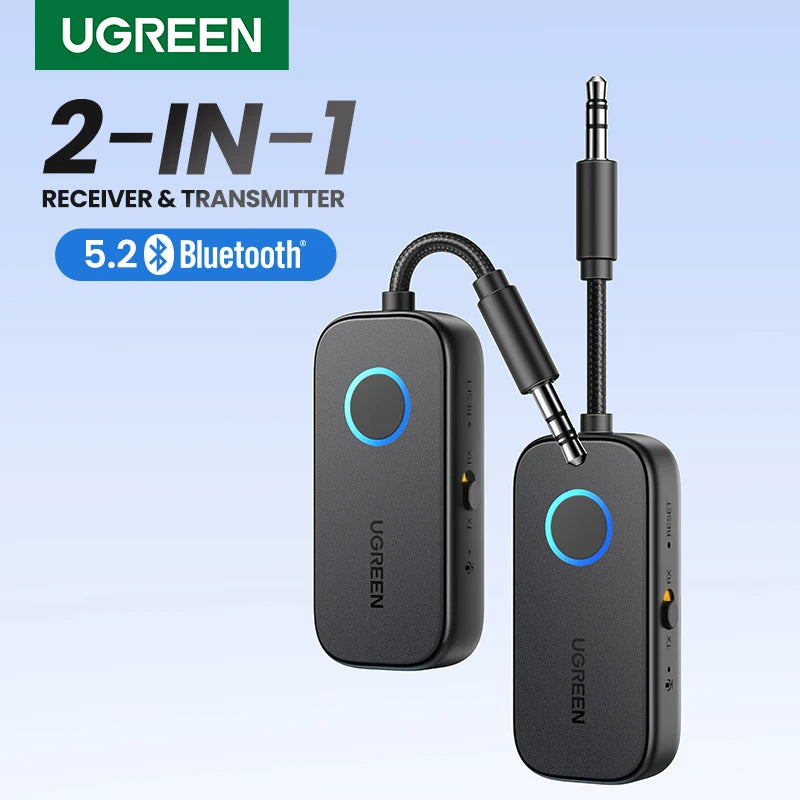 UGREEN 2-in-1 receiver and transmitter with Bluetooth 5.2 on a light blue background