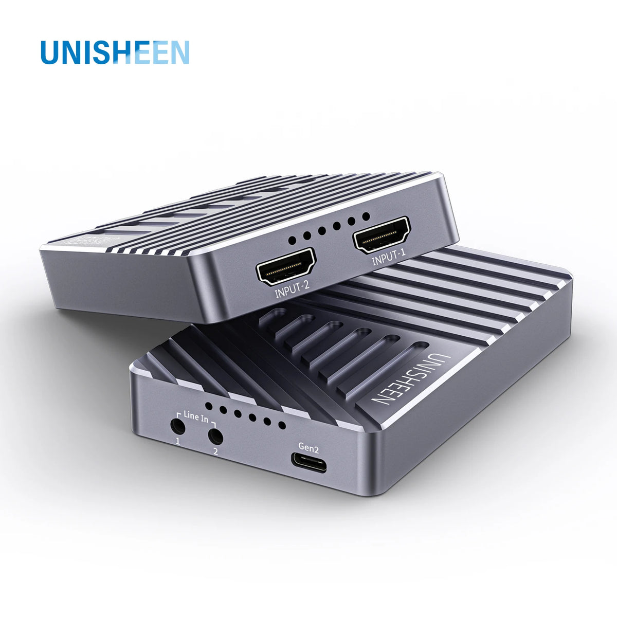 UNISHEEN electronic device with two HDMI ports on a white background